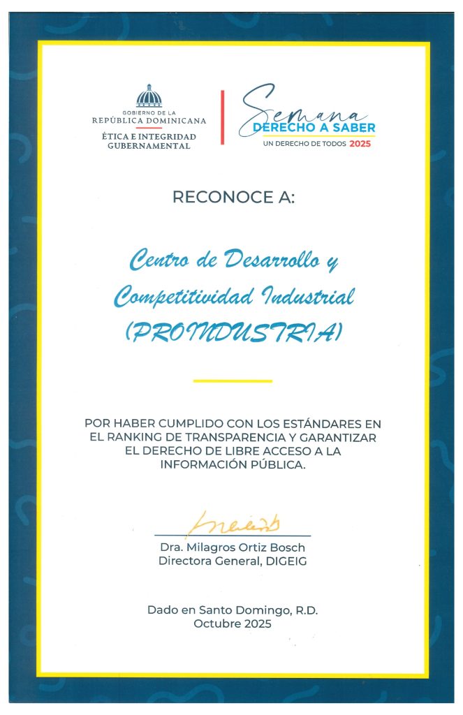 Proindustria recibe reconocimiento de la DIGEIG por altos estándares de transparencia